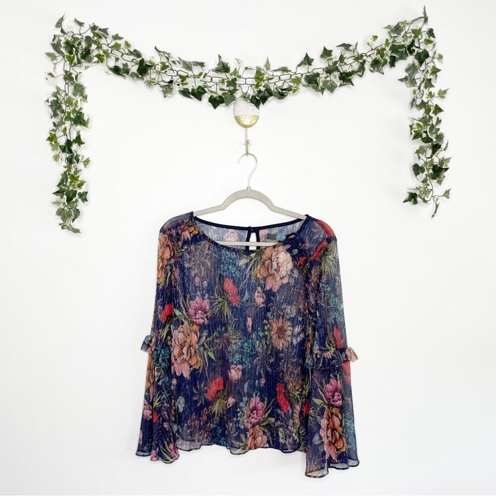 ANTHROPOLOGIE EVA FRANCO Sheer Floral Ruffle Sleeve Blouse NWT Size XS